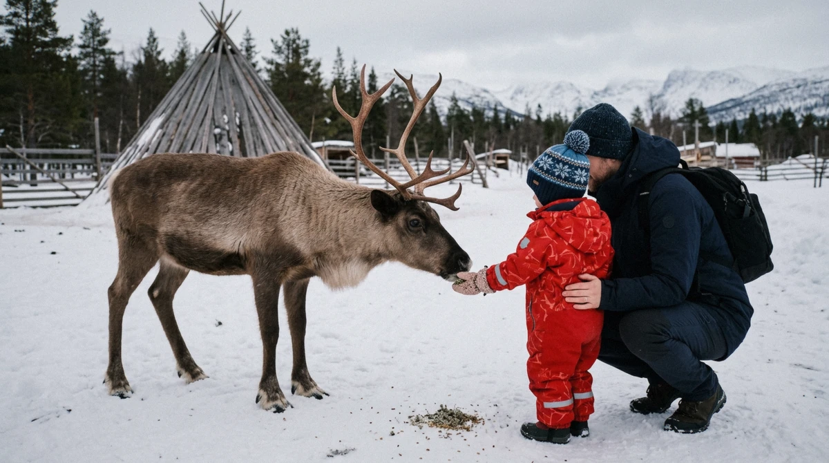 A child in a snowsuit holding out feed to a reindeer at a camp near Tromsø on a family Tromso reindeer sledding tour
