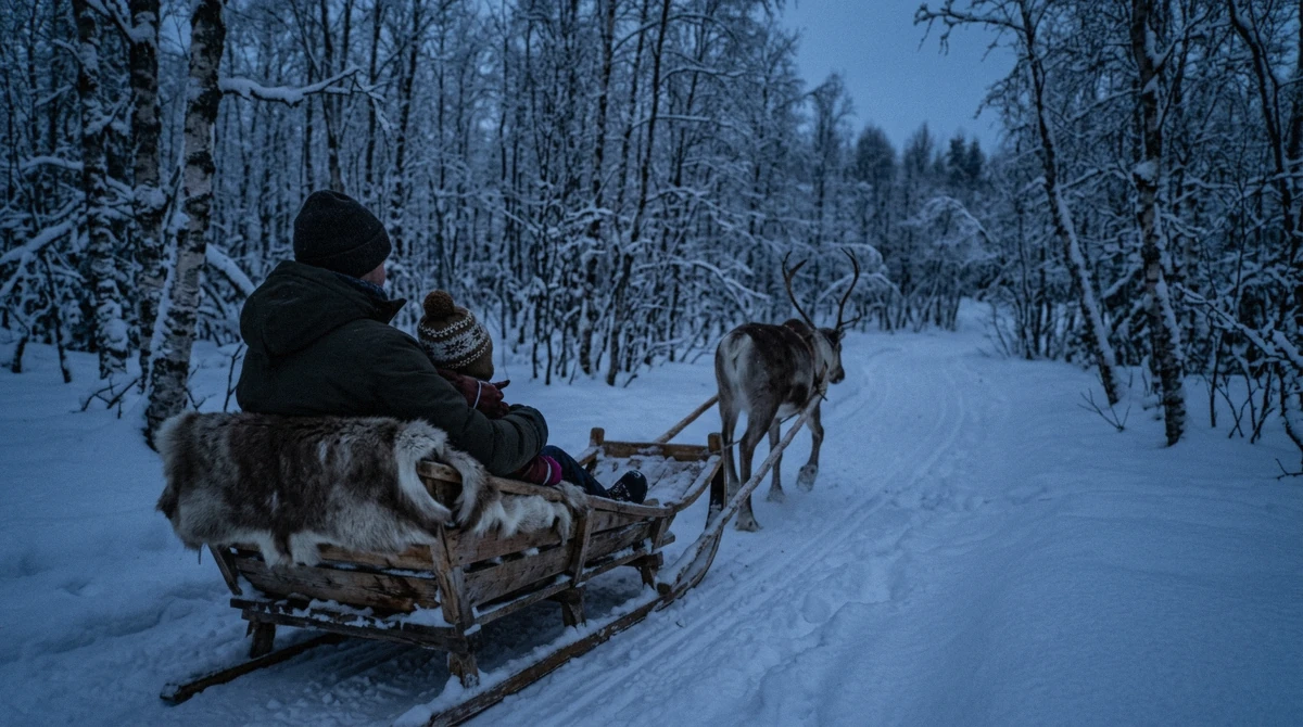 A parent and child sharing a reindeer sled under a reindeer skin on a family Tromso reindeer sledding tour