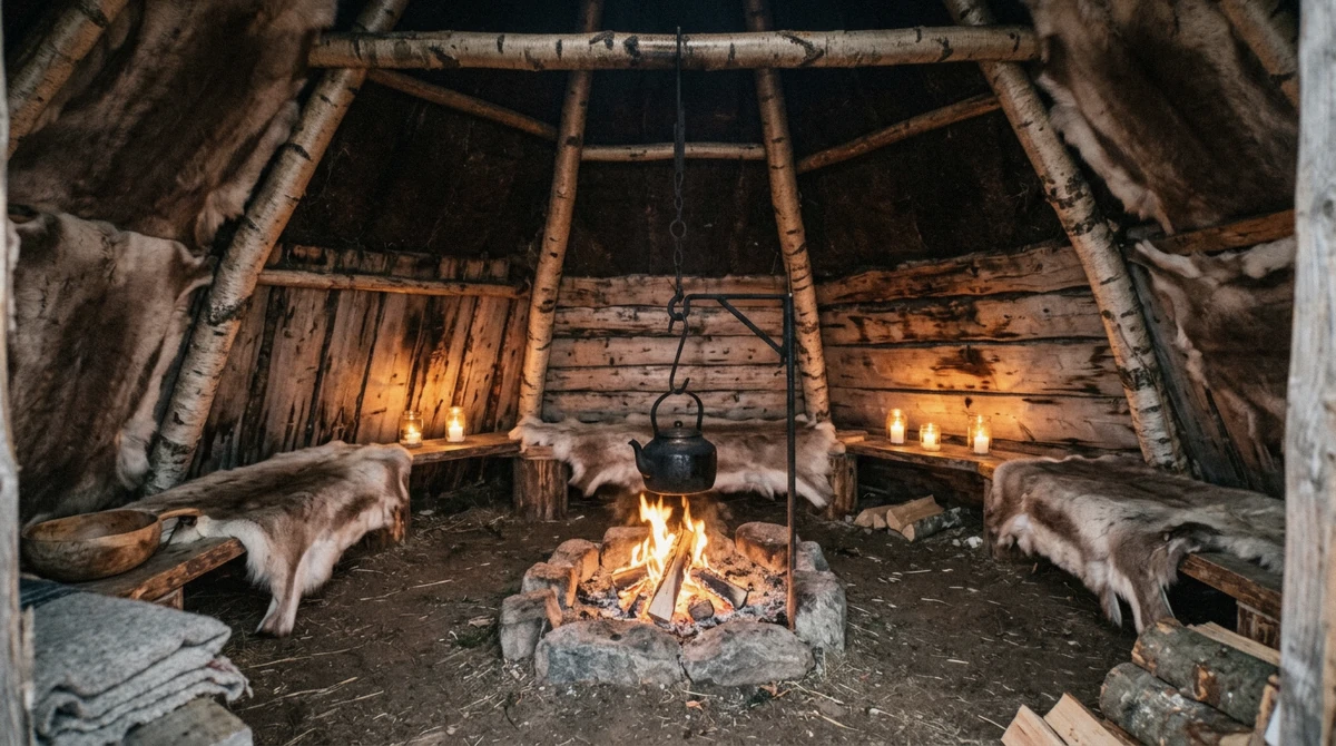 A candlelit turf hut with a fire, where dinner is served on a night Tromso reindeer sledding tour