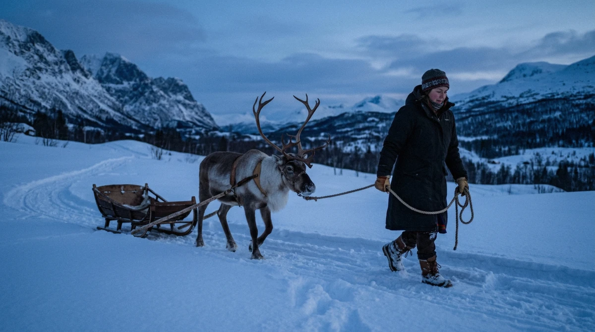 A herder leading a harnessed reindeer on a rope through fresh snow, how Tromso reindeer sledding rides are led