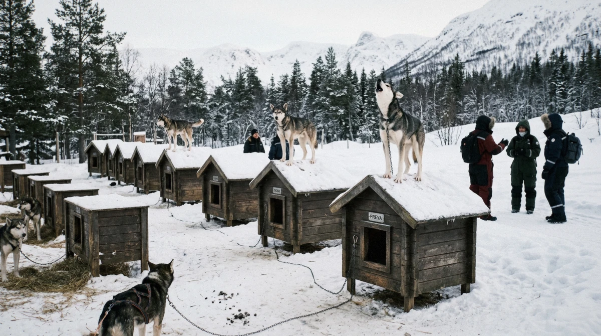 Huskies on their kennel houses in a snowy yard, the start of a husky tour compared with Tromso reindeer sledding