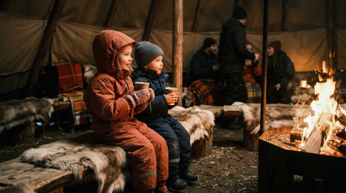 Children with hot chocolate by the fire inside a lavvu, the warm-up break on Tromso reindeer sledding tours