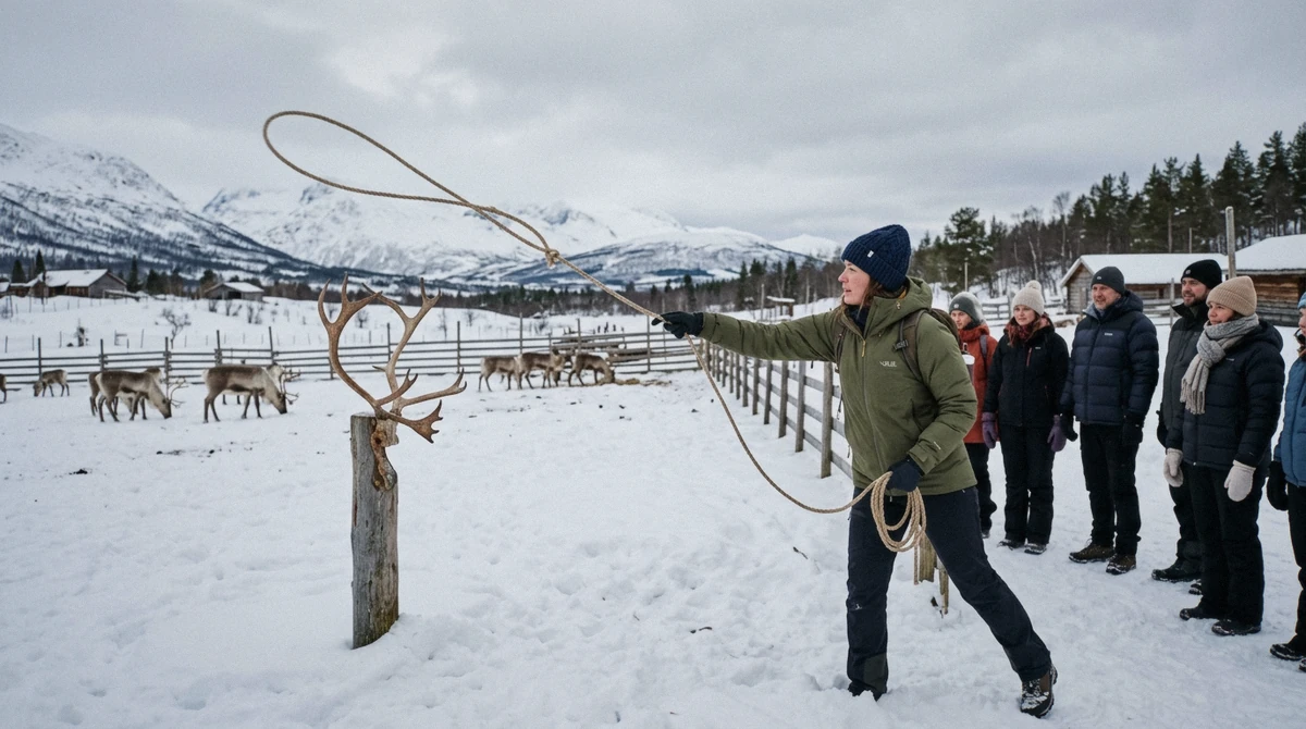 A visitor throwing a lasso at antlers on a stand at a camp near Tromsø on a small-group reindeer tour