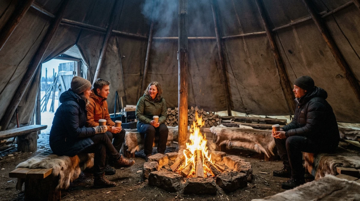 Benches and reindeer skins around the fire inside a lavvu, where lunch is served on a Tromso reindeer sledding tour