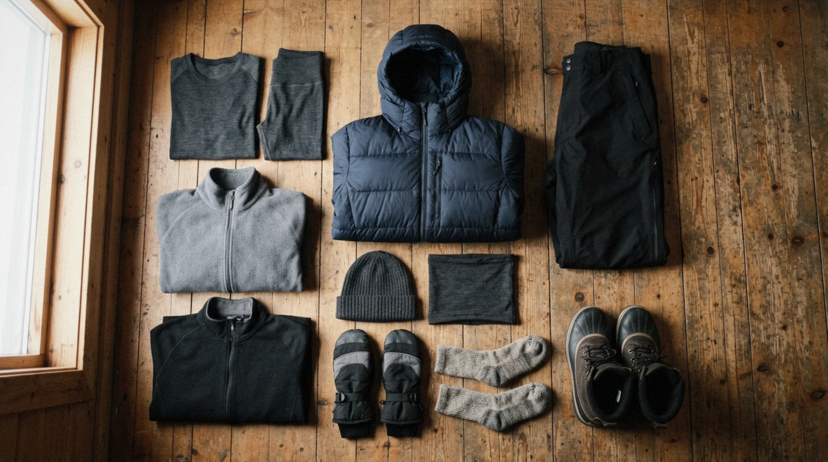 Base layer, fleece, down jacket, mittens and winter boots laid out for Tromso reindeer sledding in winter