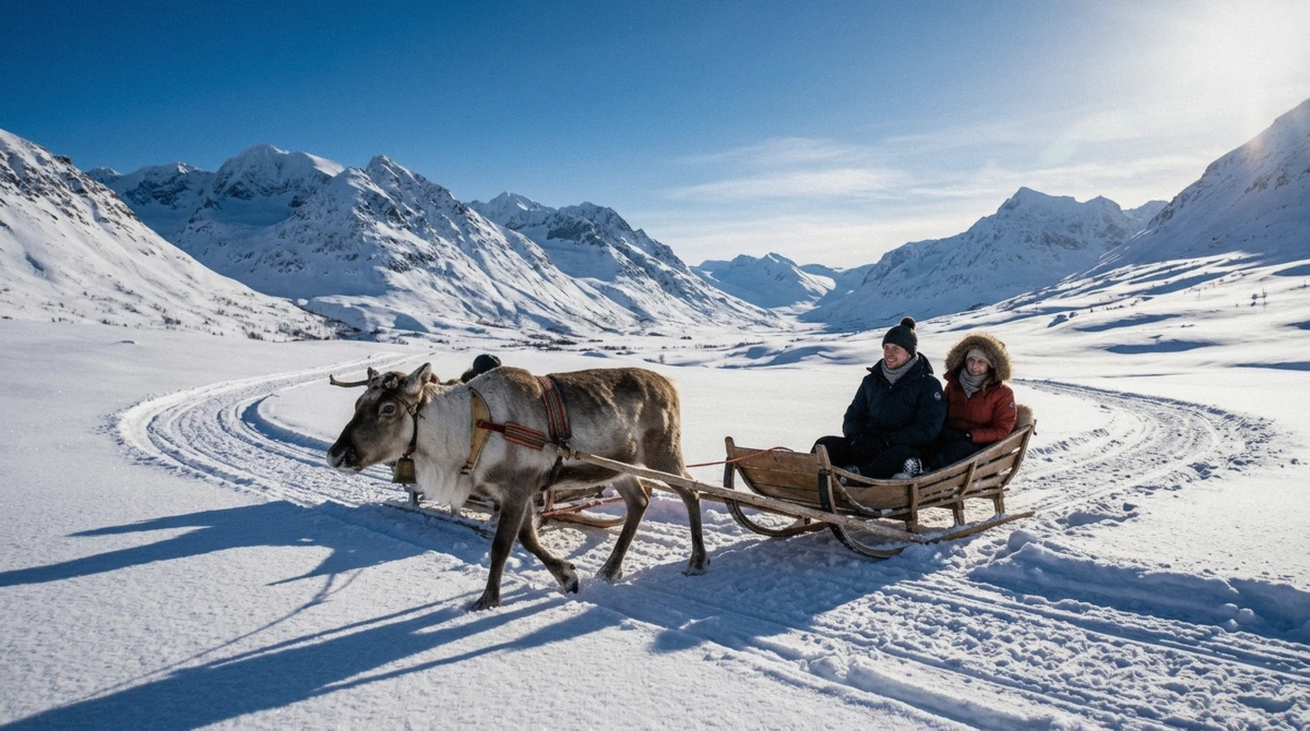 A reindeer sled crossing bright snow under a blue March sky, the best time for Tromso reindeer sledding with daylight