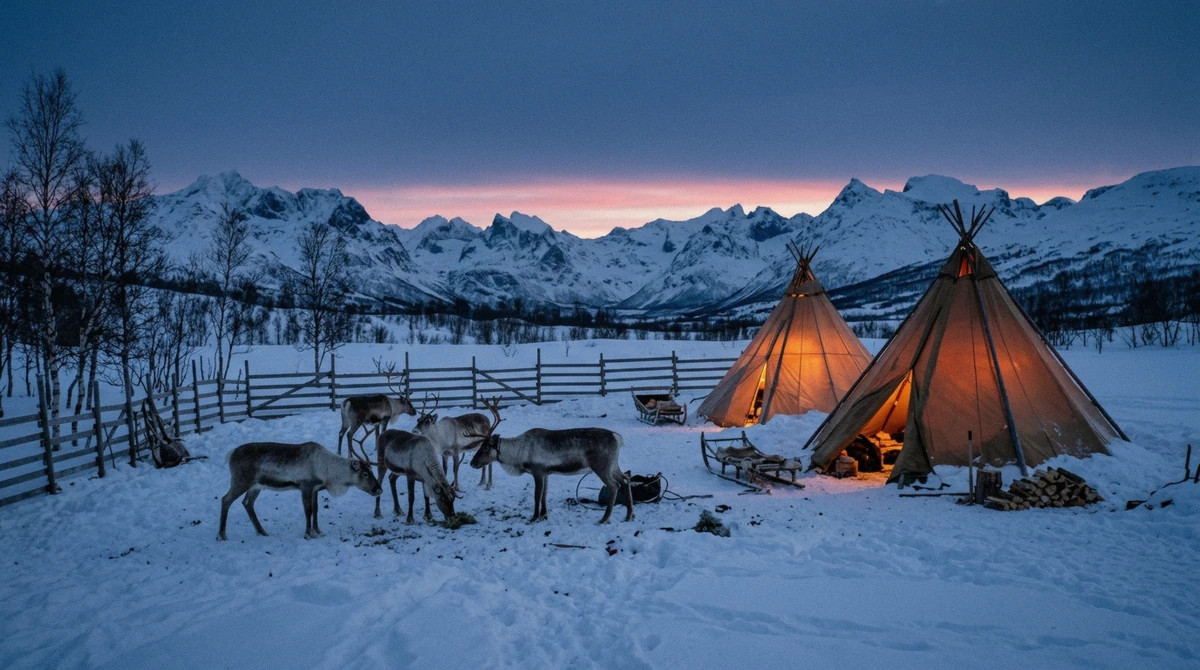 A reindeer camp outside Tromsø in blue polar-night twilight at midday, the dark season for Tromso reindeer sledding