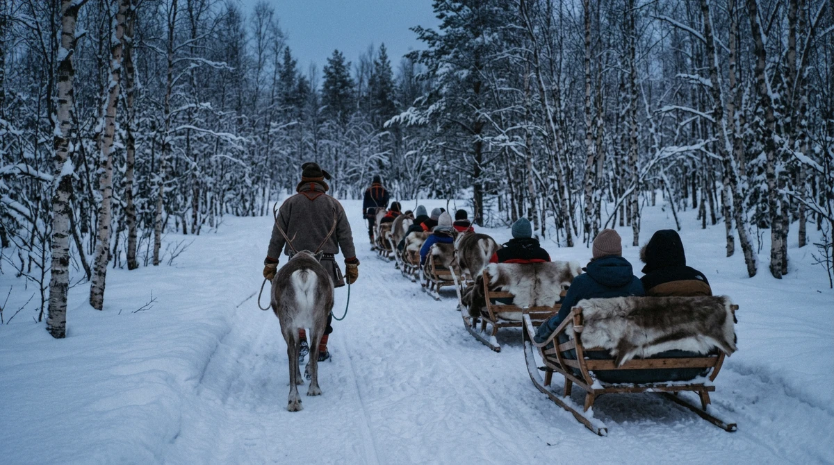 A slow caravan of reindeer sleds led by a herder through birch forest on a Tromso reindeer sledding tour