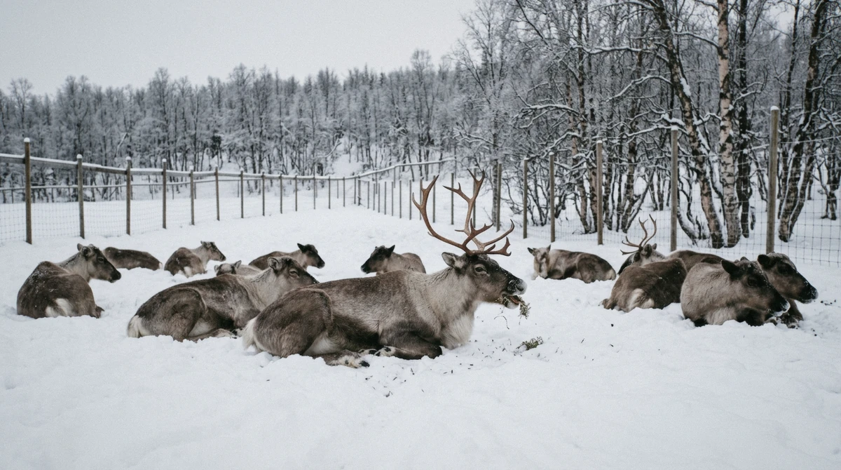 Reindeer lying down to rest in deep snow inside a large enclosure, the rest time to ask about on Tromso reindeer sledding