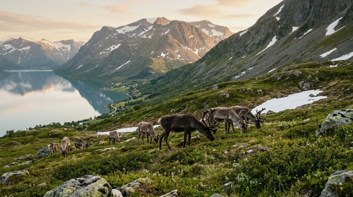 A reindeer herd grazing summer tundra in northern Norway, where herds spend the months without Tromso reindeer sledding