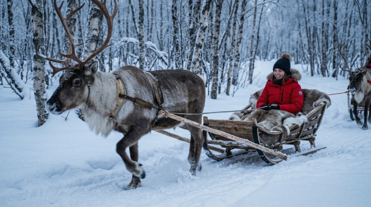 A reindeer pulling a guest on a low sled through birch forest on a Tromso reindeer sledding tour