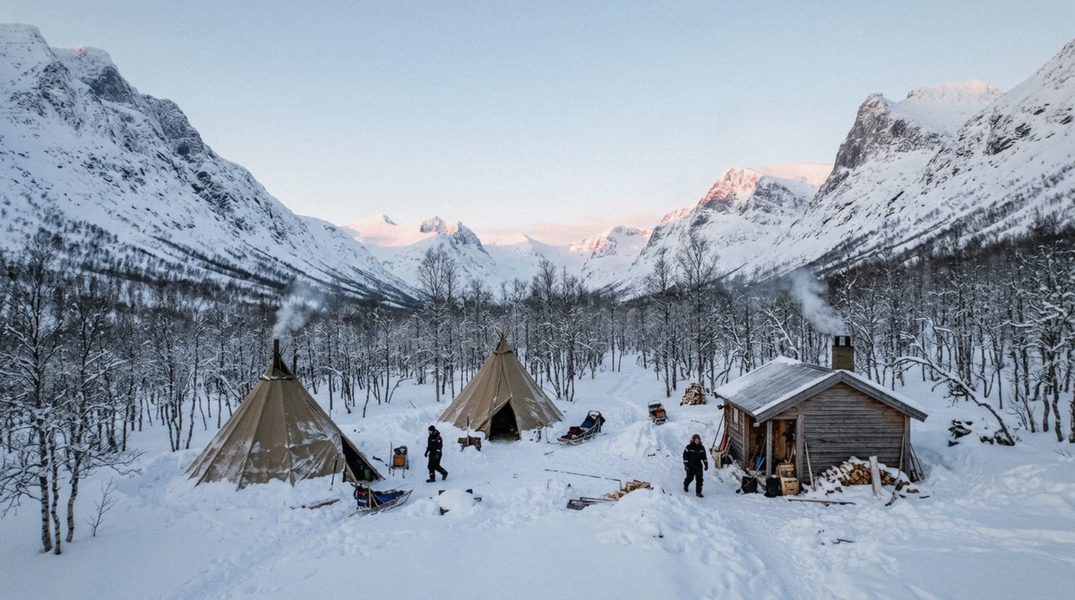 Lavvu tents and a cabin in the snowy Tamok valley on a full-day Tromso reindeer sledding trip